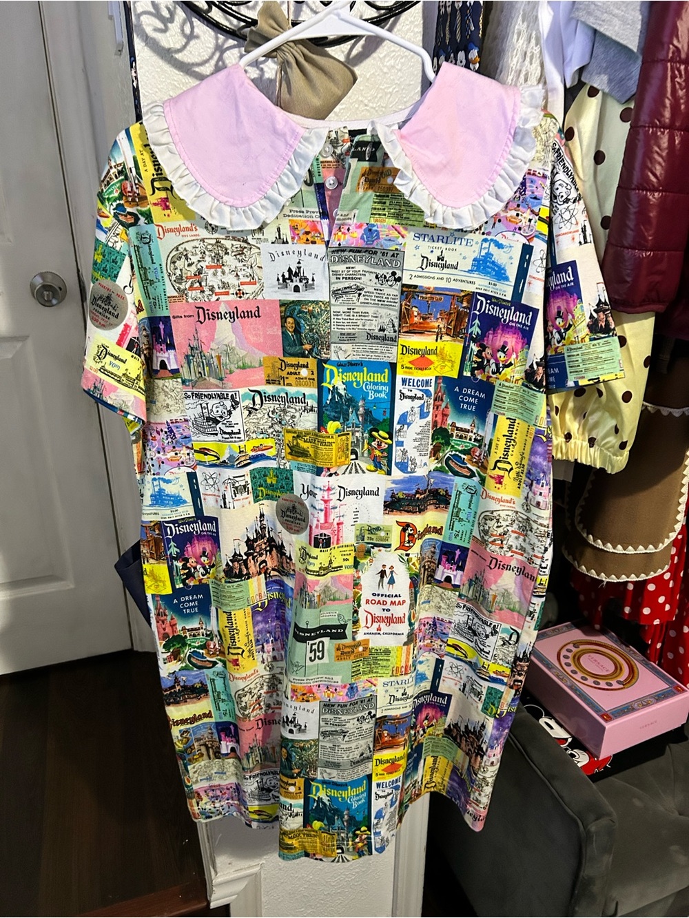 Woman Disneyland Print Dress with Pink Peter Pan Collar